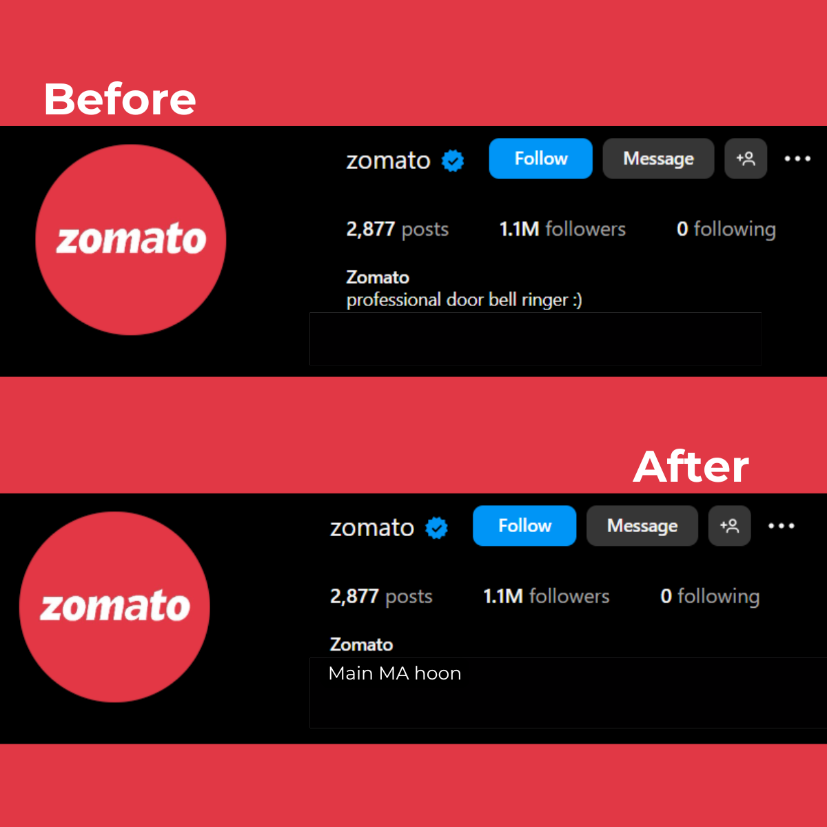 Zomato Instagram bio rewrite - before and after