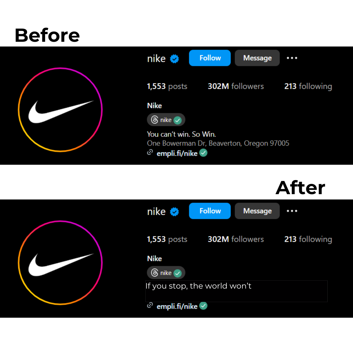 Nike Instagram bio rewrite - before and after