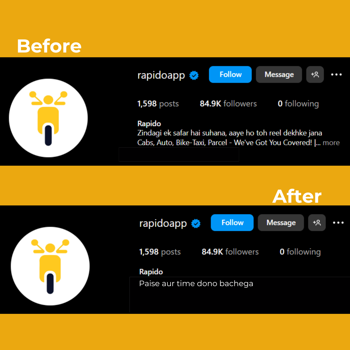 Rapido Instagram bio rewrite - before and after