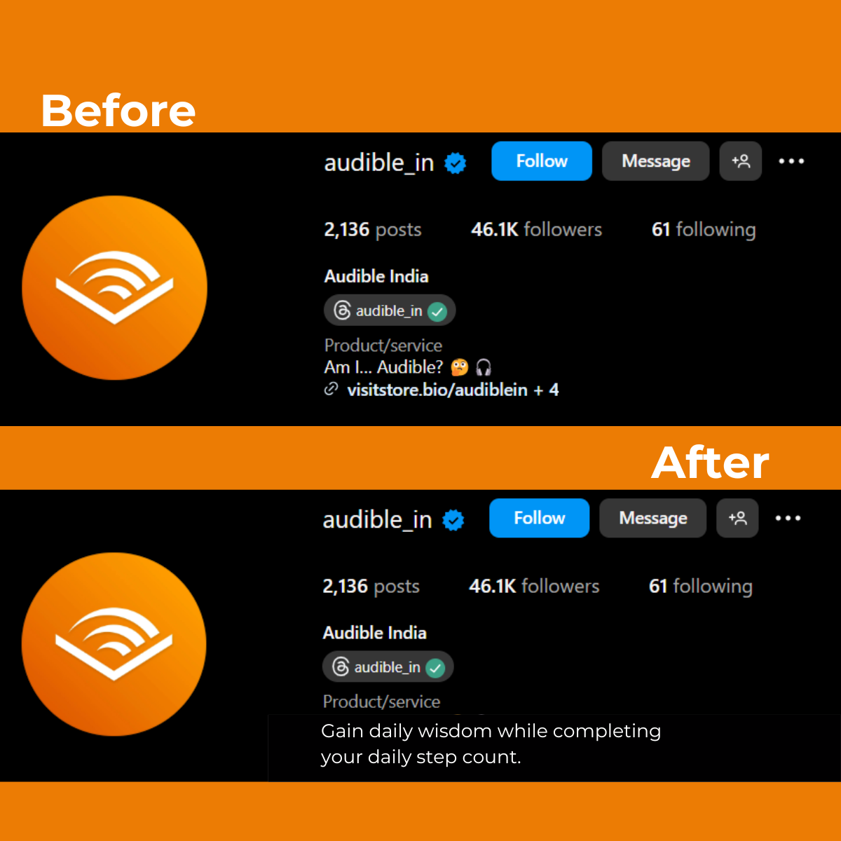 Audible India Instagram bio rewrite - before and after