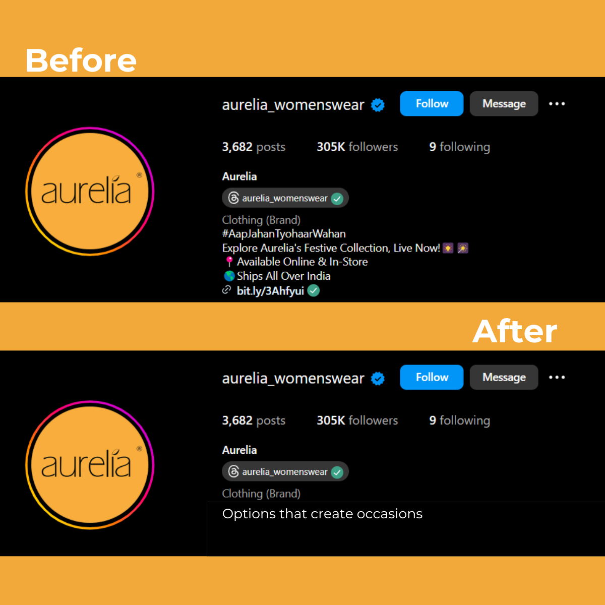 Aurelia Instagram bio rewrite - before and after