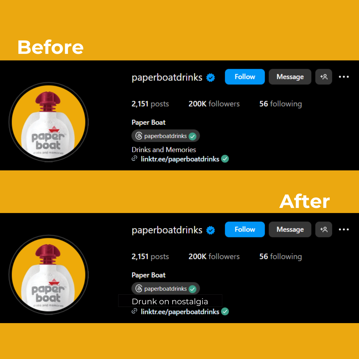 Paper Boat Instagram bio rewrite - before and after